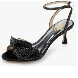 Milooey shoes Womens Glitter Rhinestone Bow Heeled Sandal Elegant Crystal Black